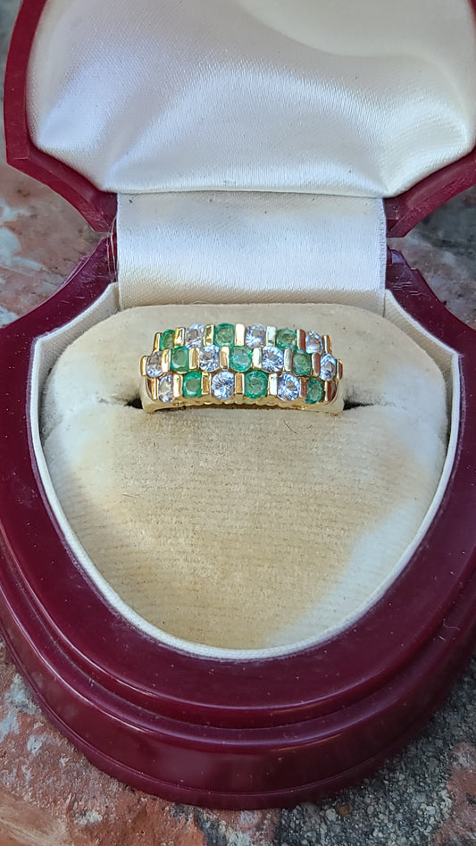 Emerald and White Sapphire Band Ring, 10K Yellow Gold, size 7