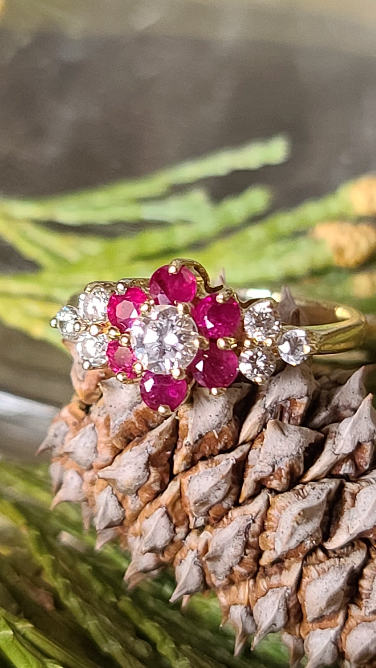 14K Ruby and Diamond Flower Ring, size 6.5