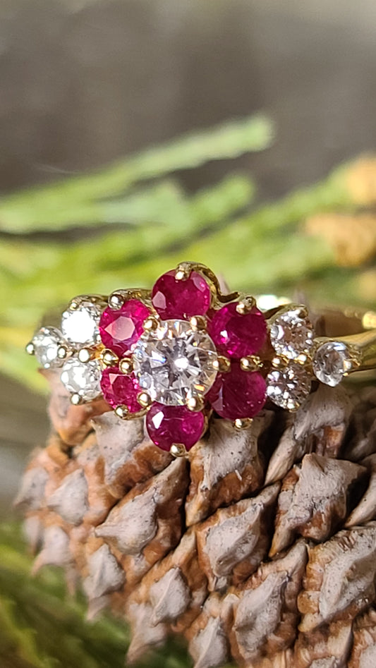 14K Ruby and Diamond Flower Ring, size 6.5