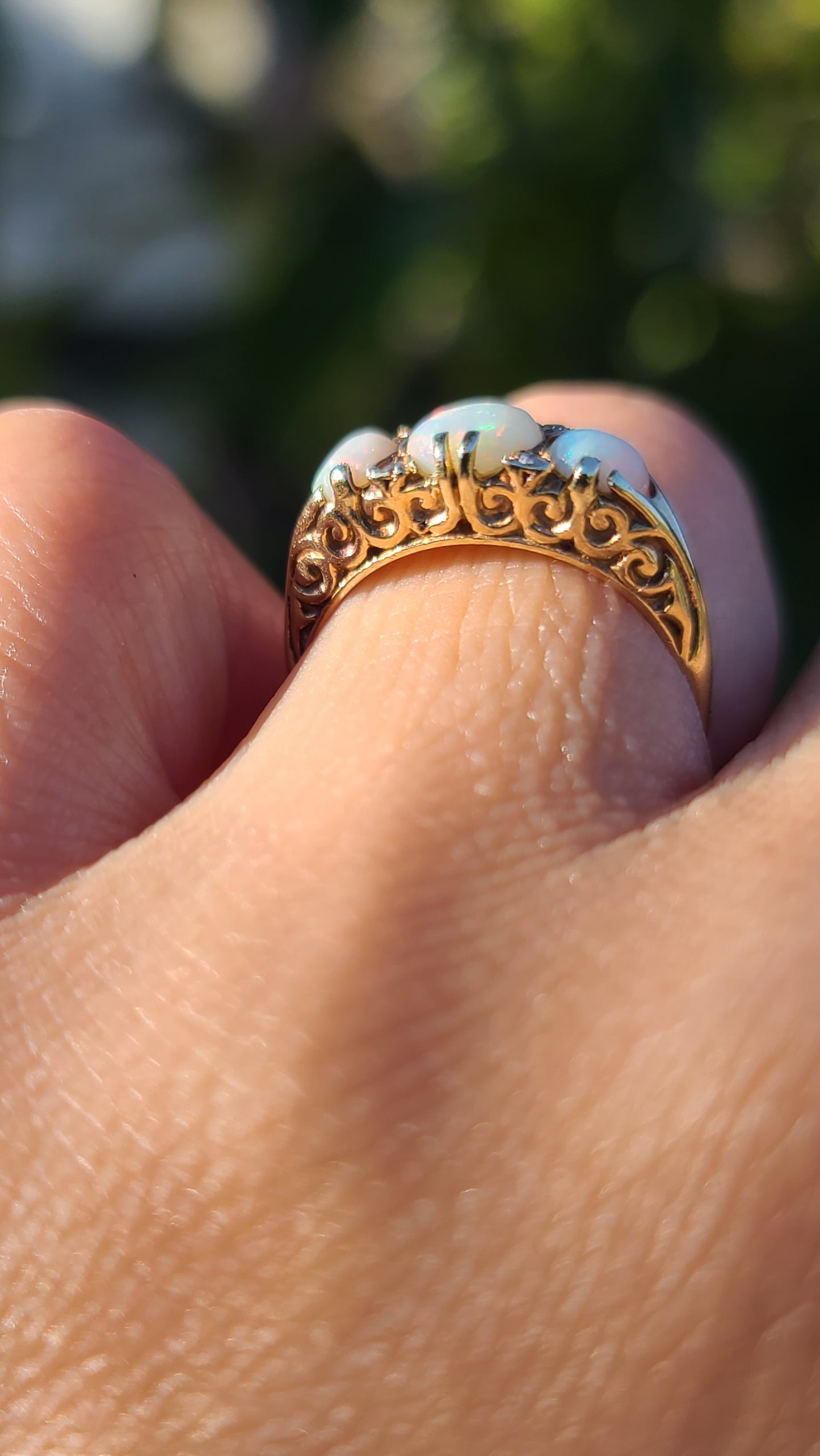 English 9K Opal and Diamond Vintage Ring, size 6.75 US