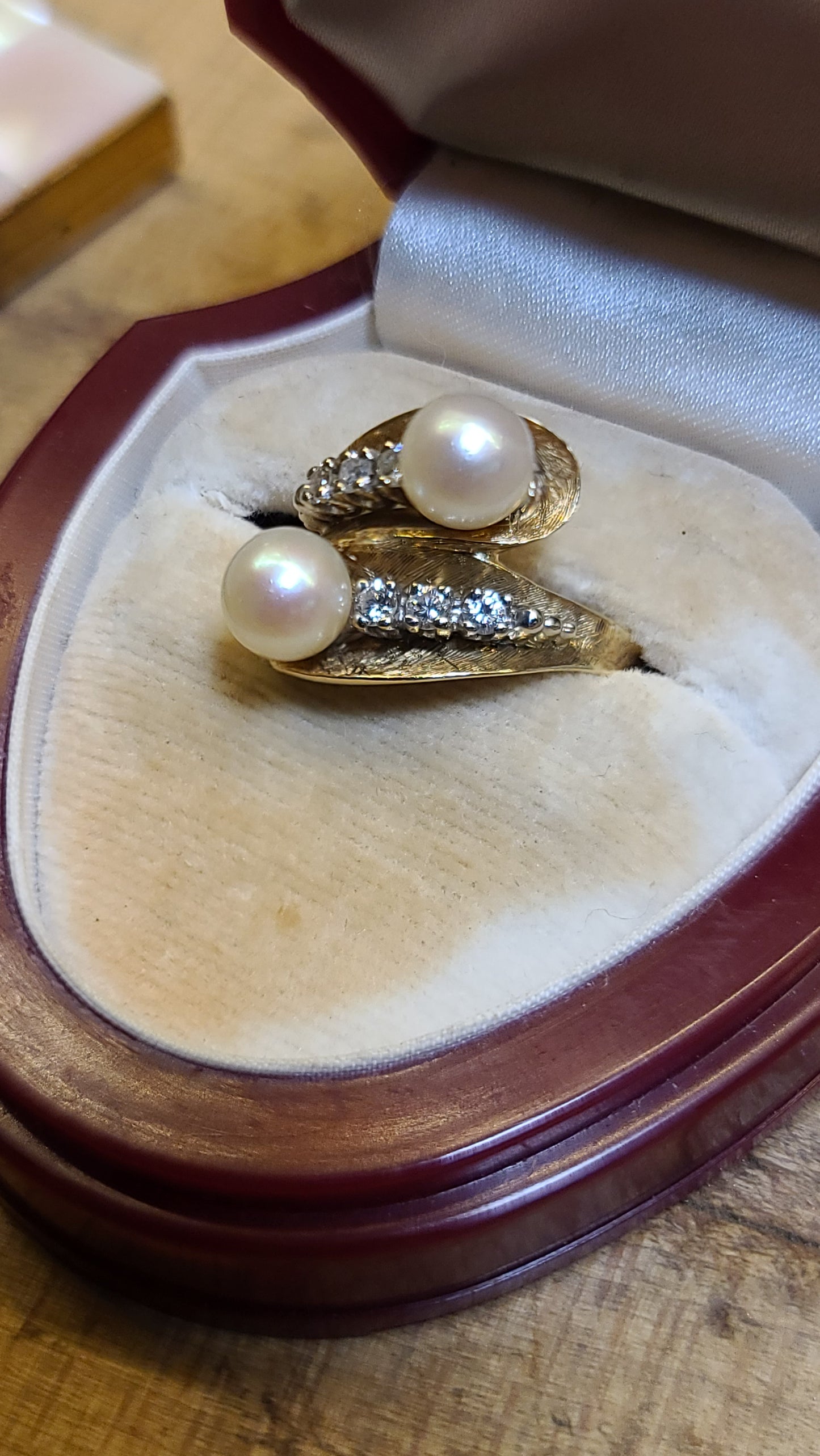 Vintage 14K Gold Toi et Moi Pearl and Diamond Ring, size 7