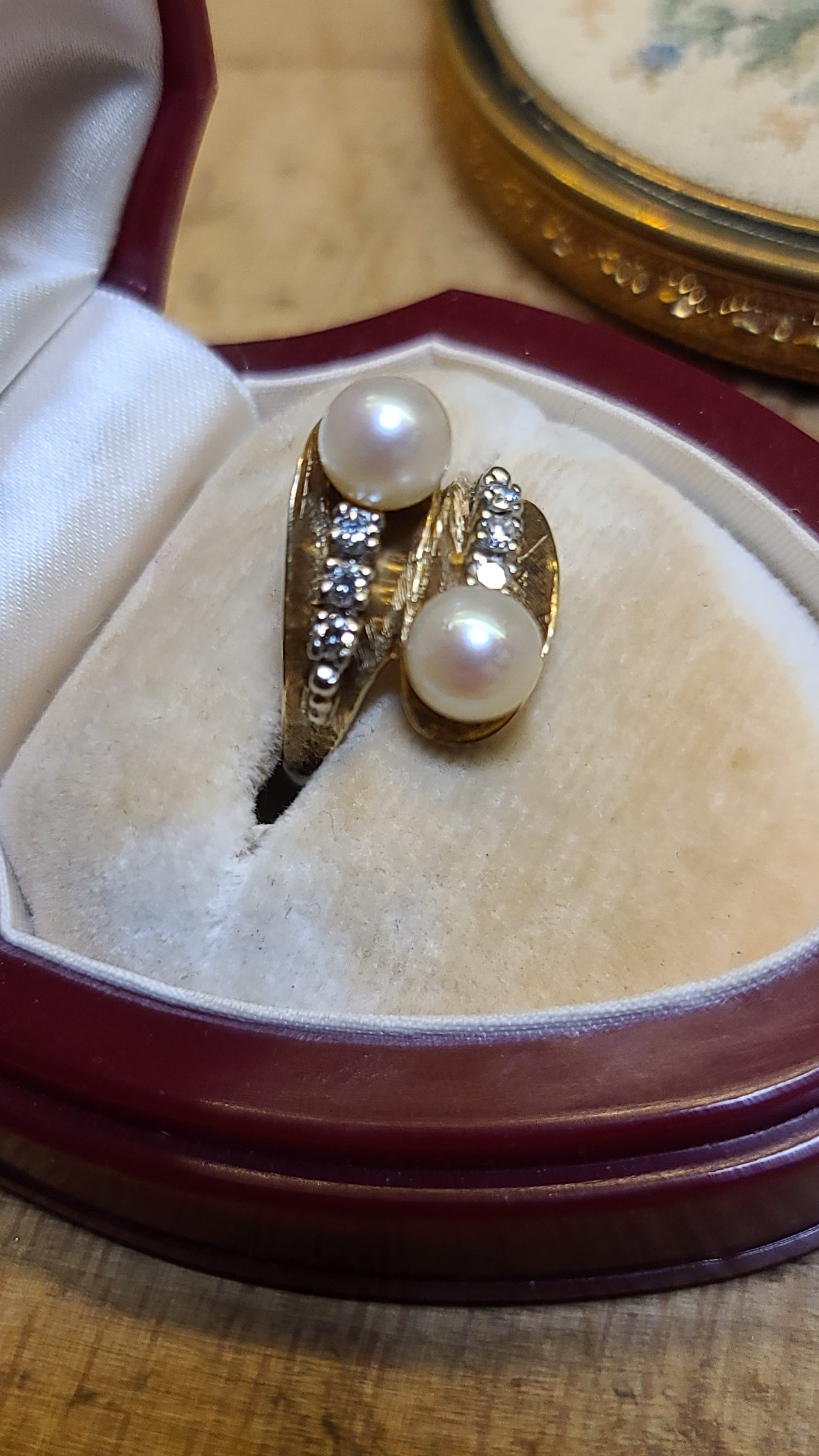 Vintage 14K Gold Toi et Moi Pearl and Diamond Ring, size 7