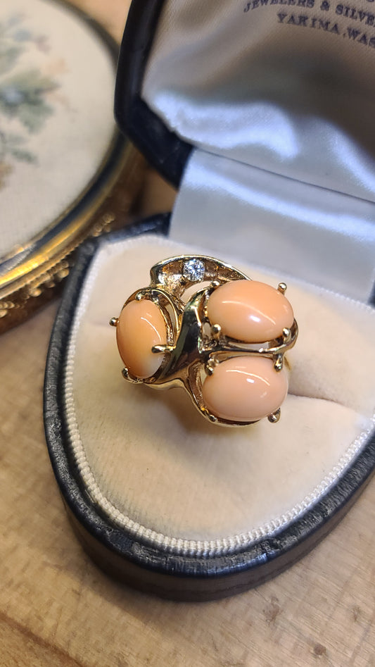 Vintage Coral And Diamond Ring, 14K Yellow Gold, size 6.75