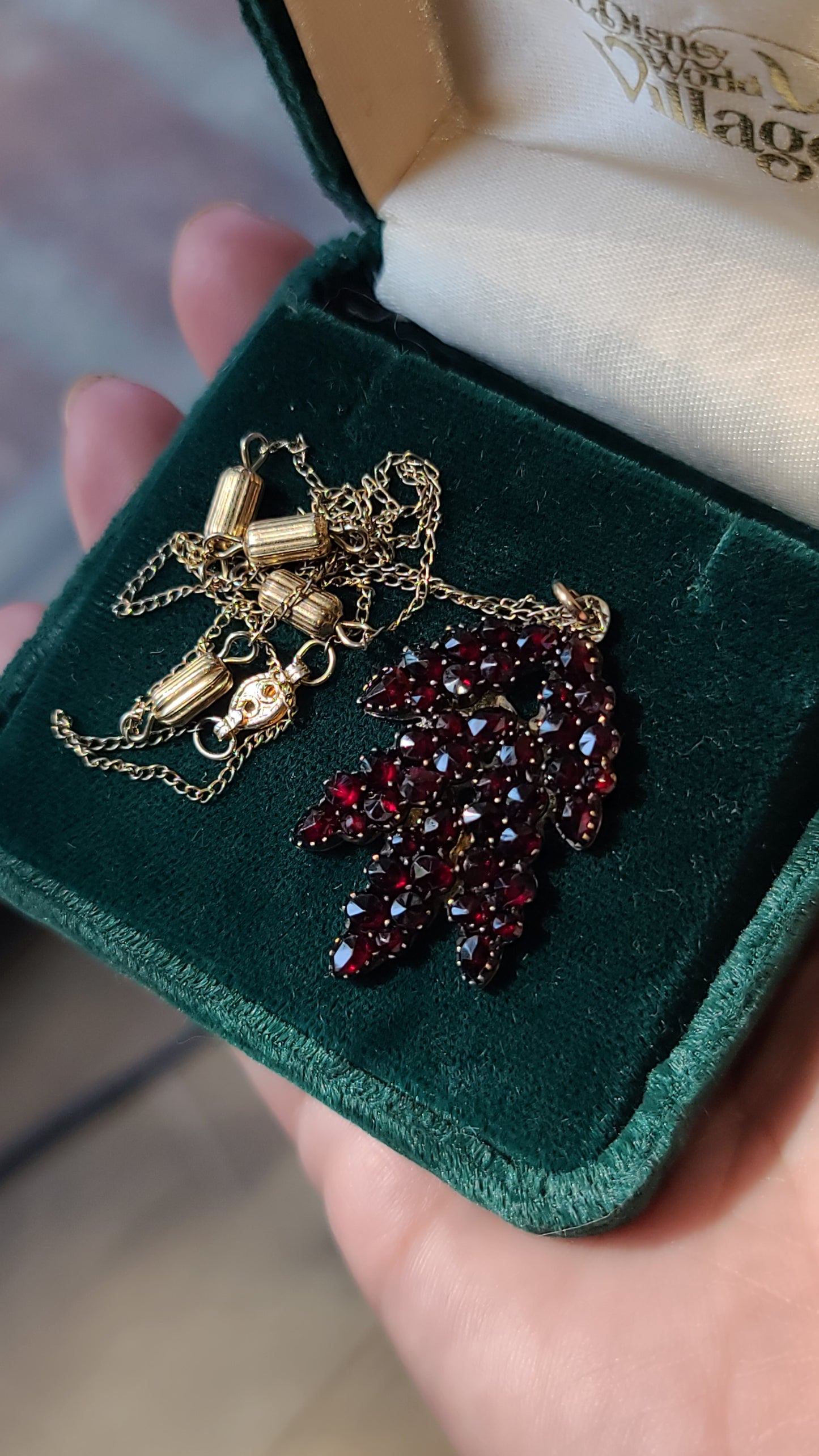 Gold Gilt Bohemian Garnet Pendant with Gold Filled Chain