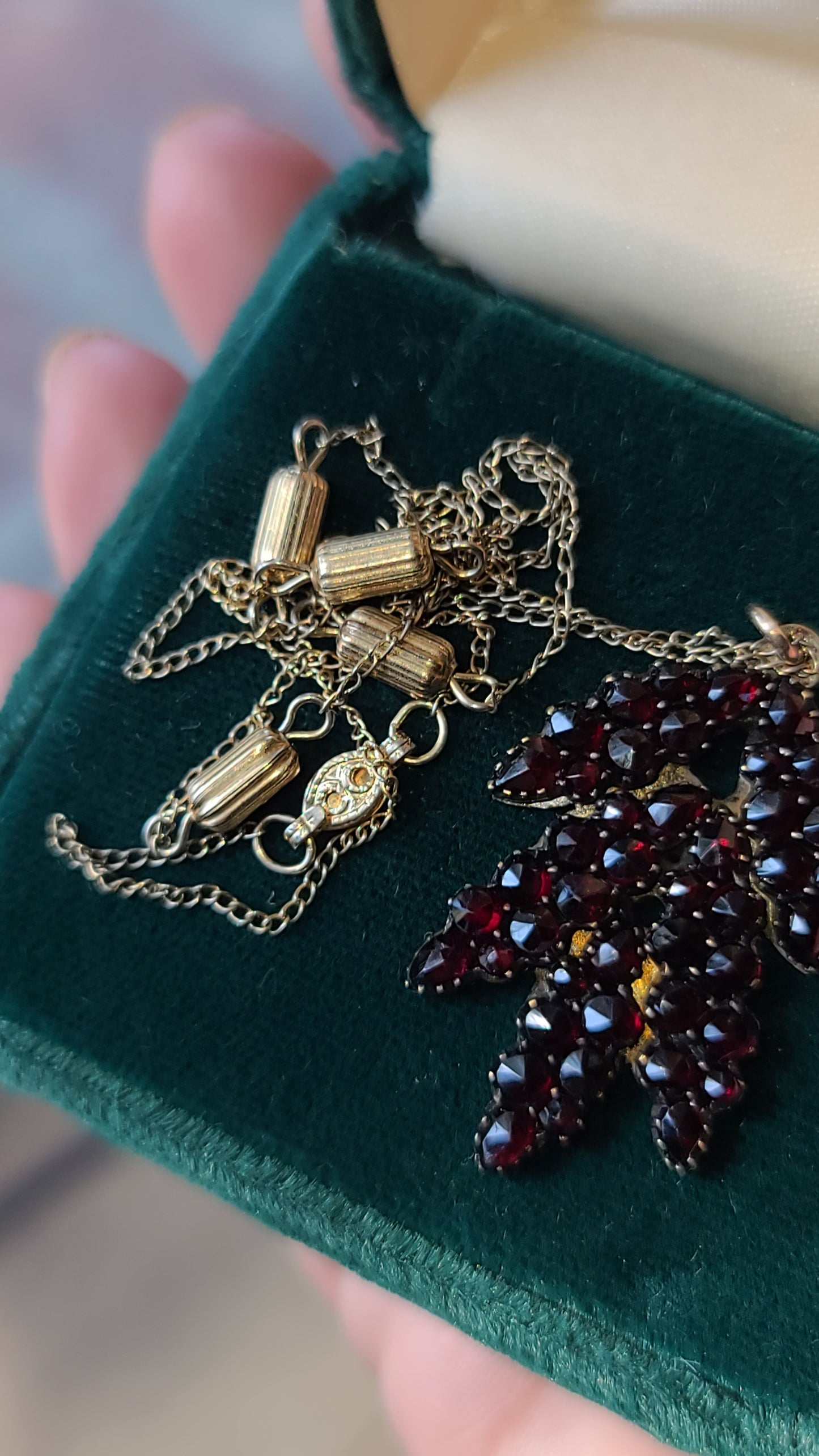 Gold Gilt Bohemian Garnet Pendant with Gold Filled Chain