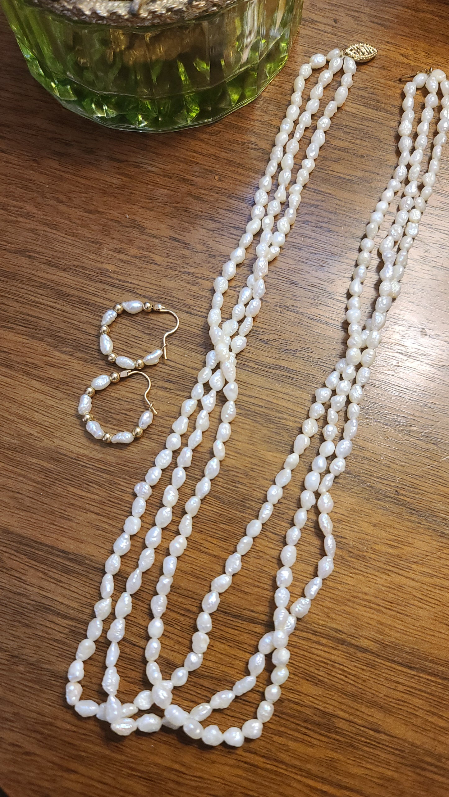 Fresh Water Rice Pearl Necklace and Hoop Earrings Set, 14K Yellow Gold