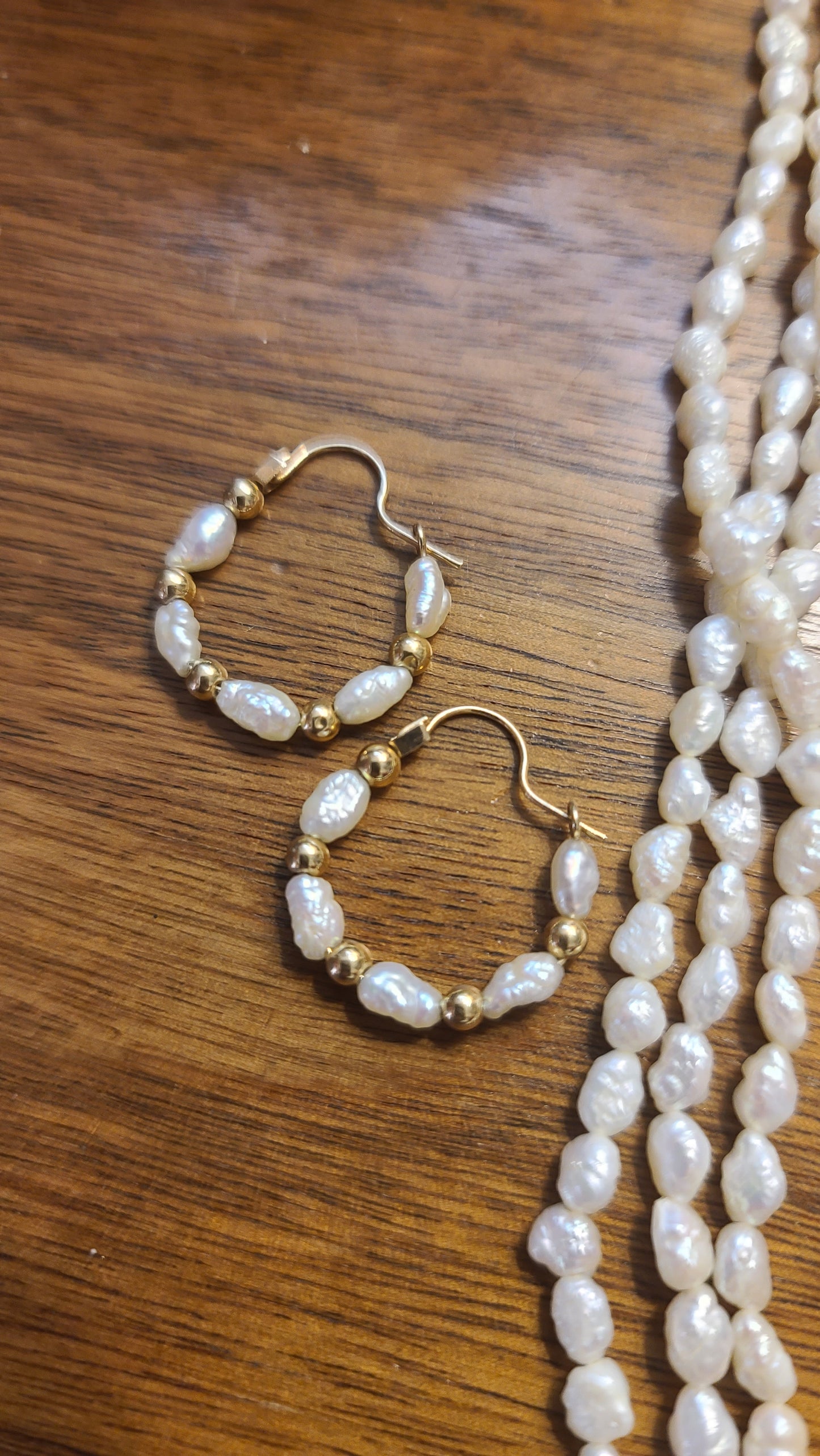 Fresh Water Rice Pearl Necklace and Hoop Earrings Set, 14K Yellow Gold