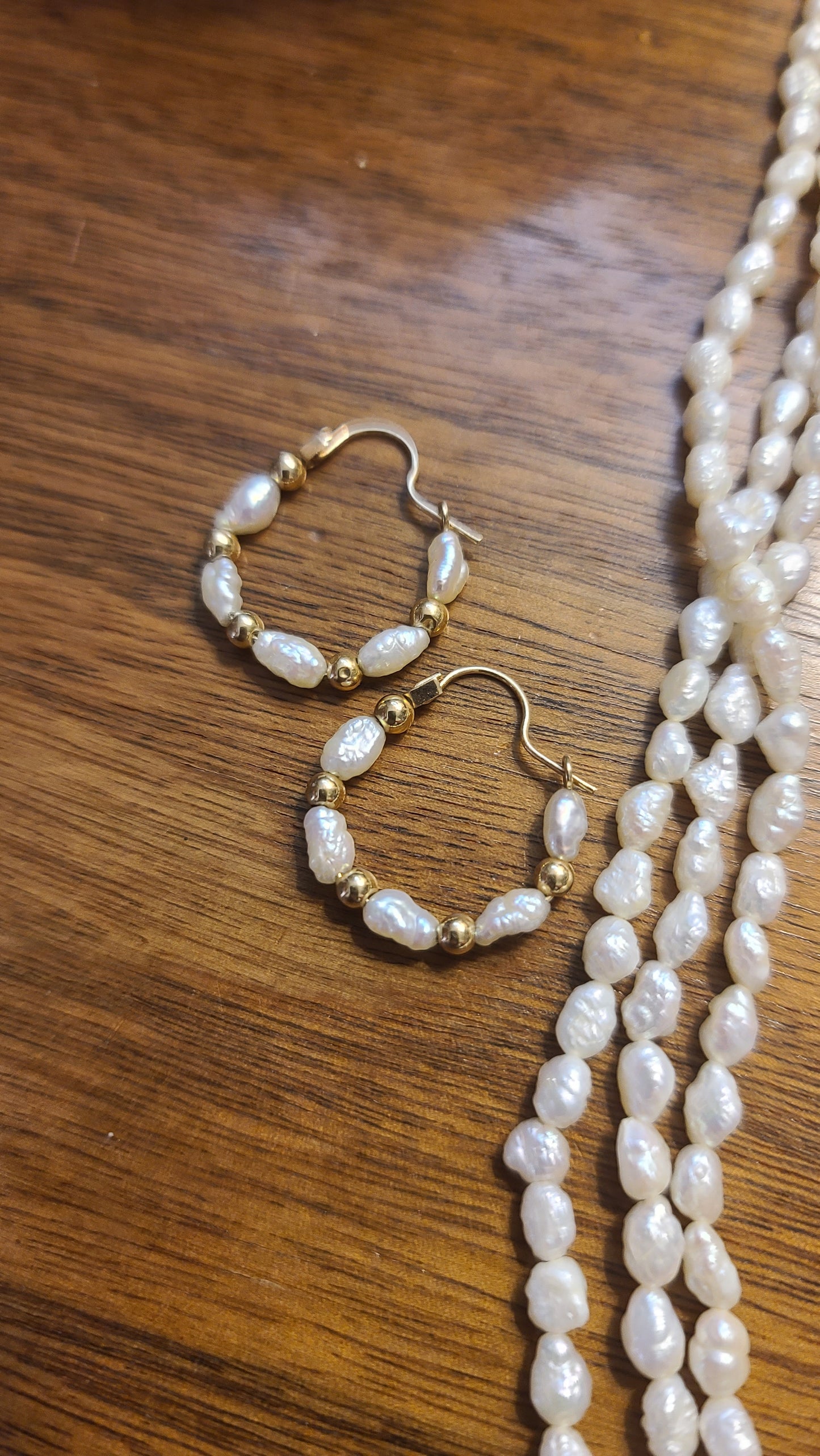 Fresh Water Rice Pearl Necklace and Hoop Earrings Set, 14K Yellow Gold