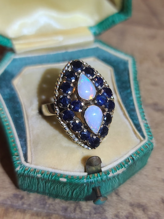 Vintage Estate Sapphire and Opal Cocktail Ring, 18K Yellow Gold, Size 6