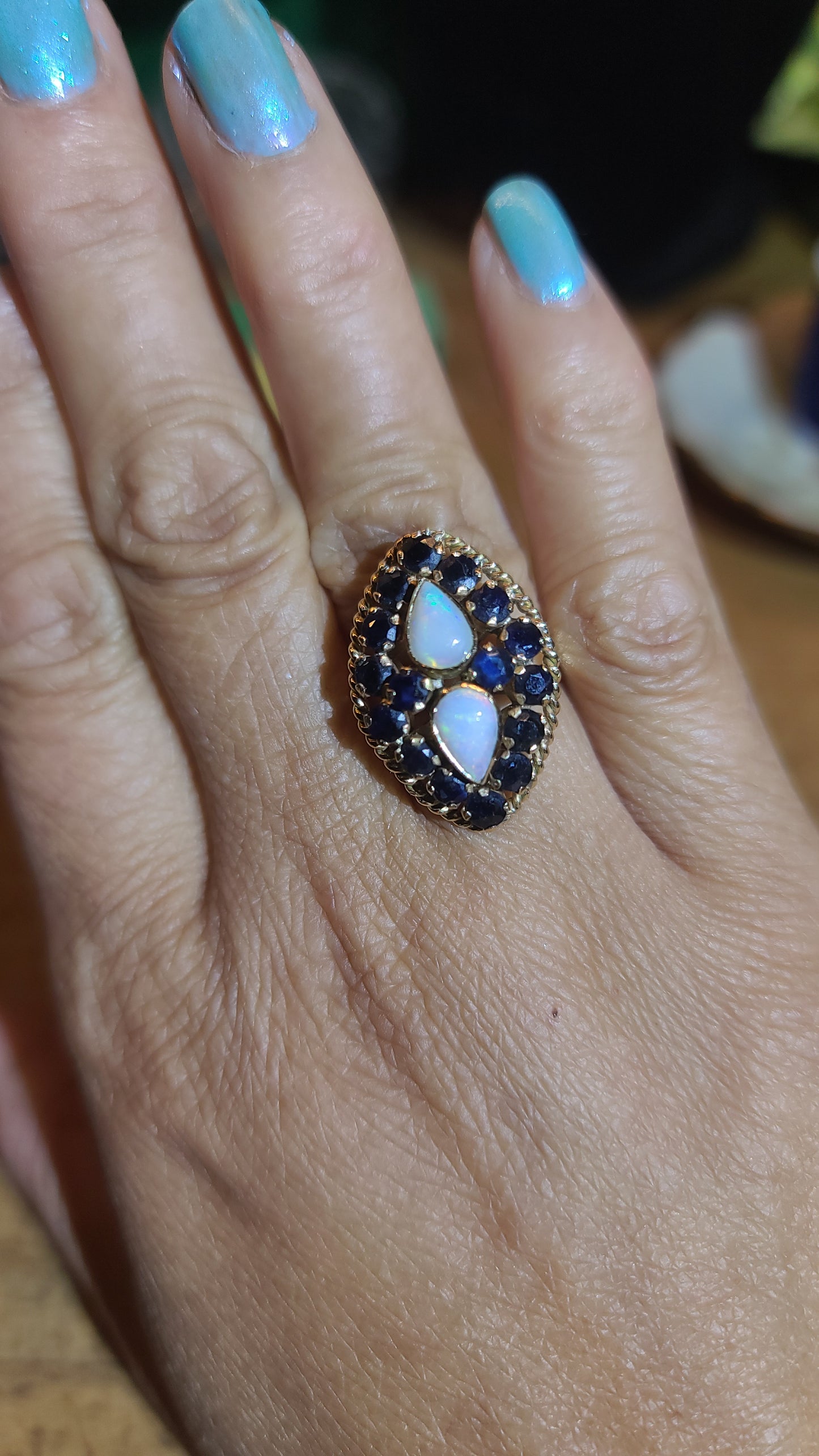 Vintage Estate Sapphire and Opal Cocktail Ring, 18K Yellow Gold, Size 6