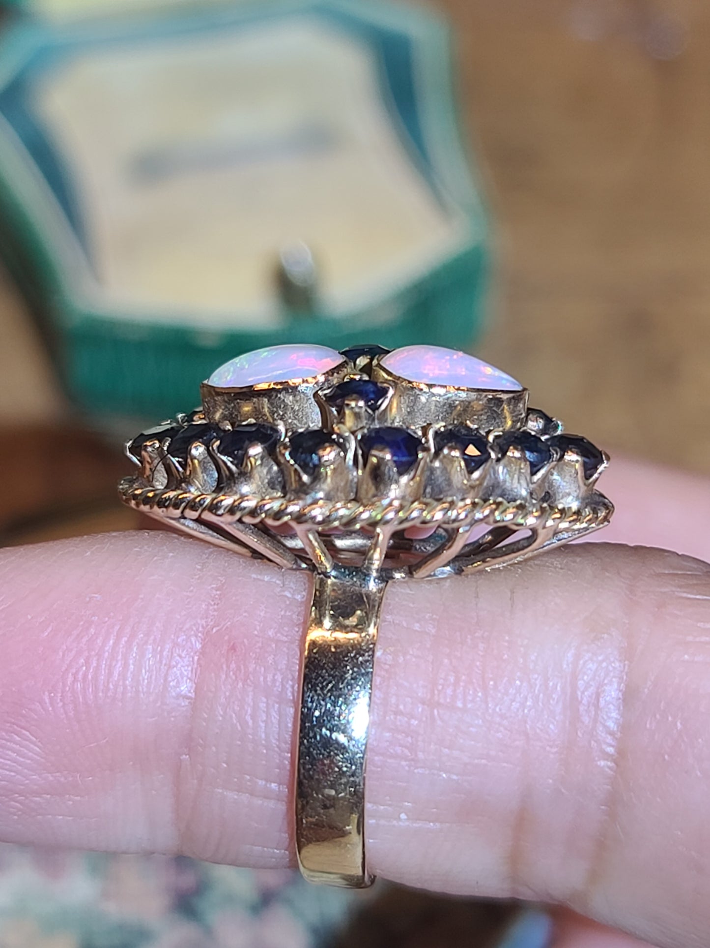 Vintage Estate Sapphire and Opal Cocktail Ring, 18K Yellow Gold, Size 6