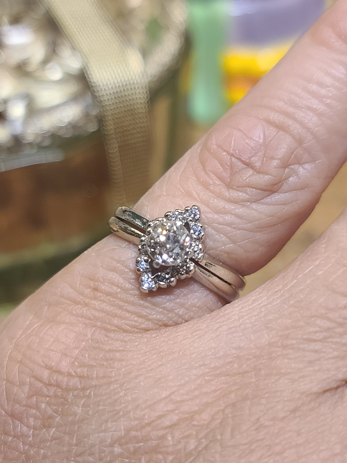 Vintage 14K White Gold Diamond Marquise Shaped Ring, size 4.25