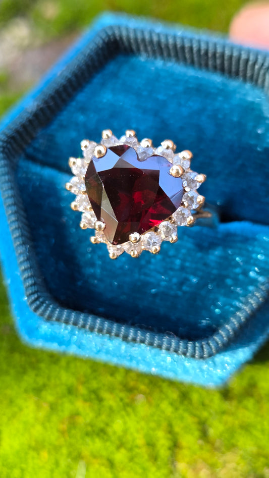 14K Garnet and Diamond Heart Ring, size 6