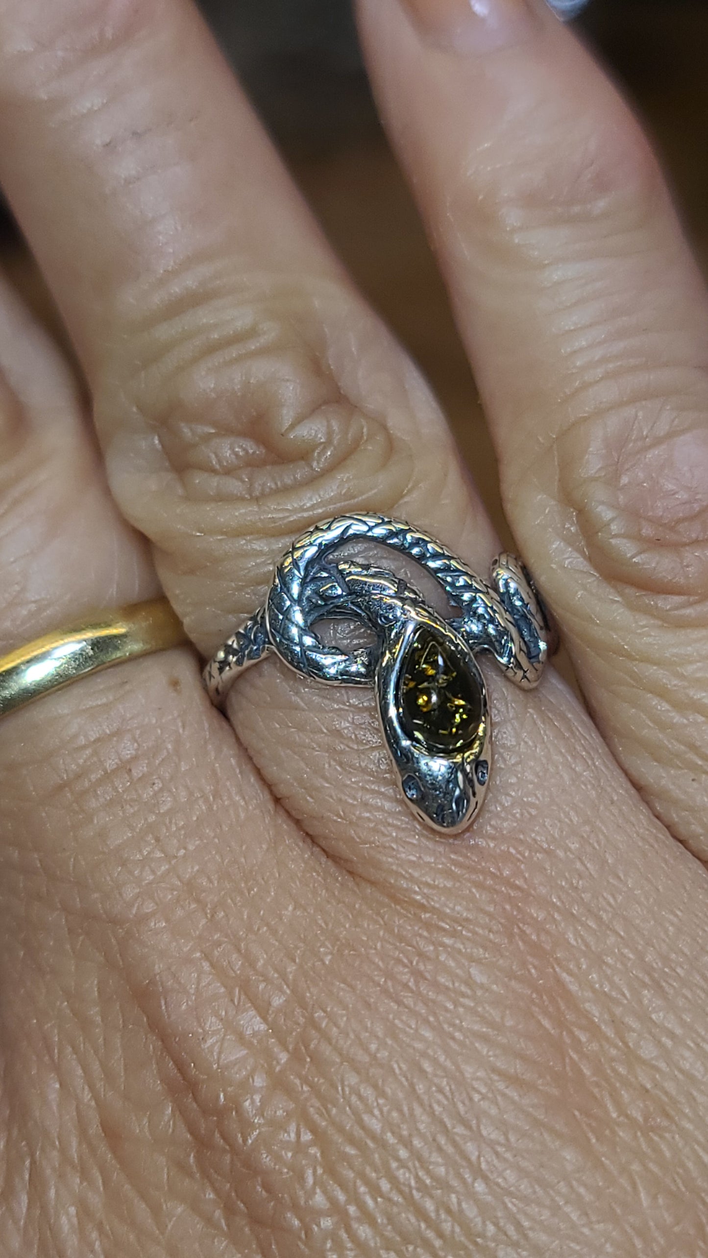 Sterling Silver and Amber Snake Ring, size 7.25