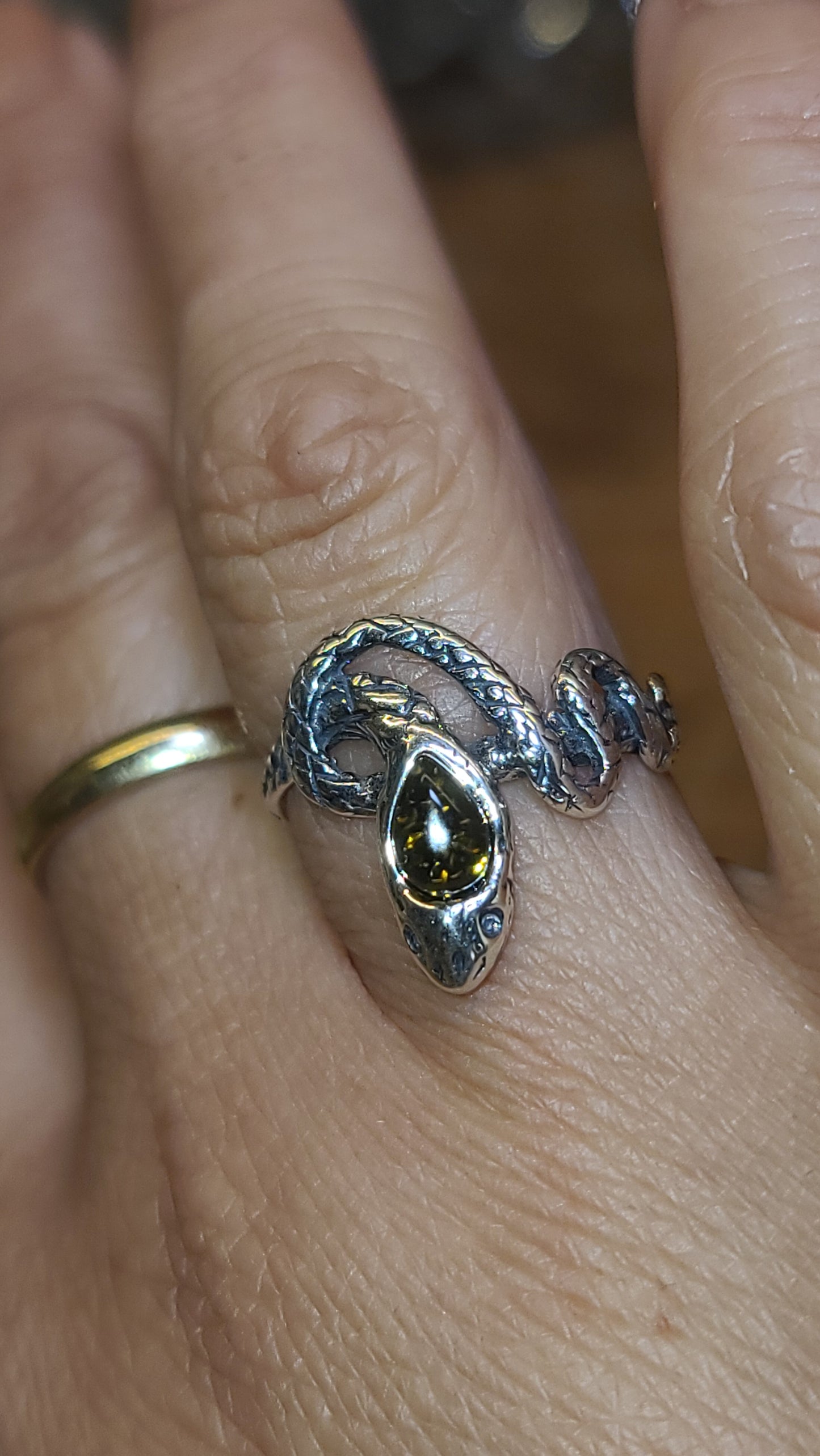 Sterling Silver and Amber Snake Ring, size 7.25