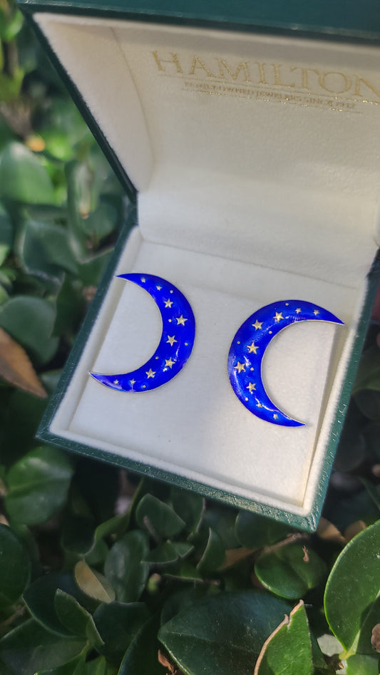 Sterling Silver and Enamel Crescent Moon Earrings