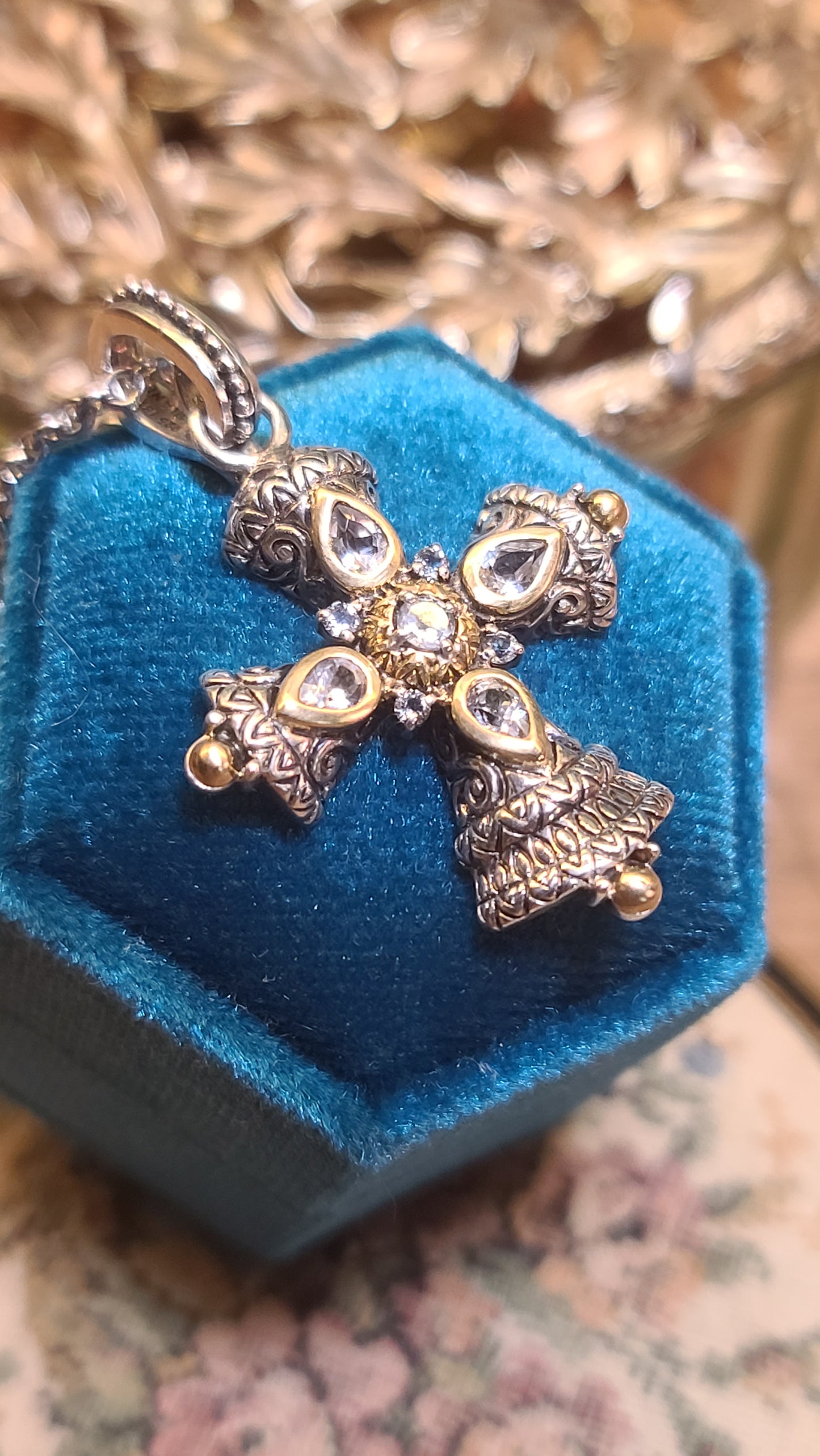 Barbara Bixby Maltese Cross, White Topaz, Sterling Silver and 18K Yellow Gold