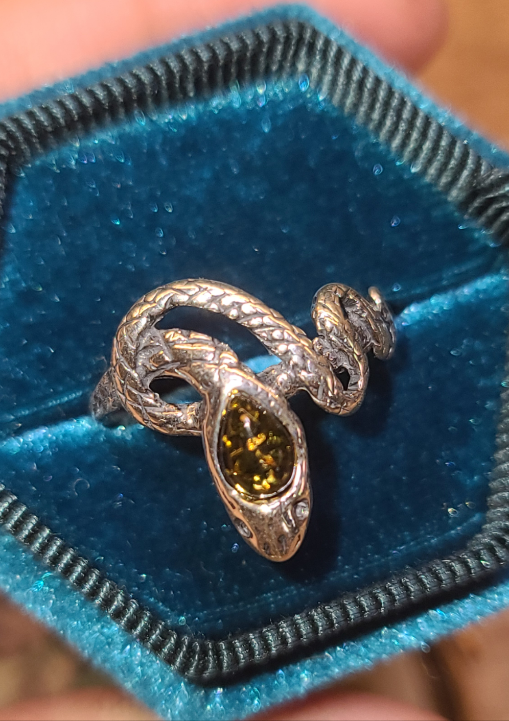 Sterling Silver and Amber Snake Ring, size 7.25