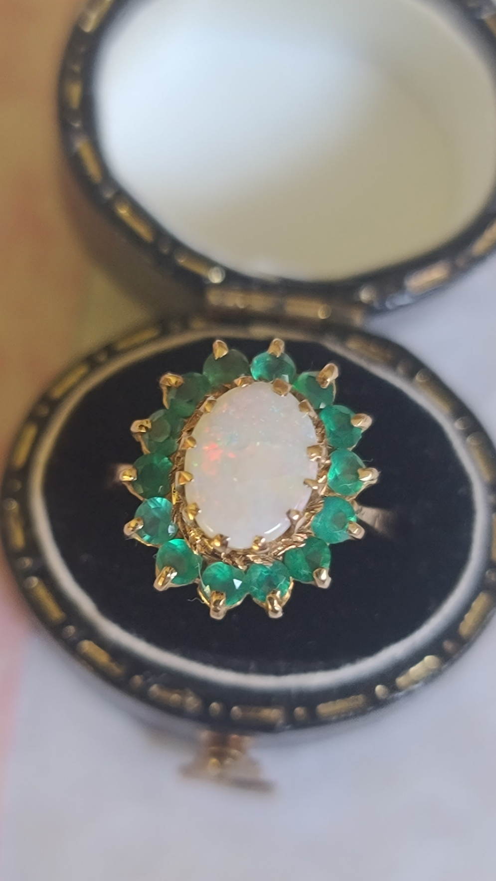 Vintage Opal and Emerald Ring, size 6.5 US