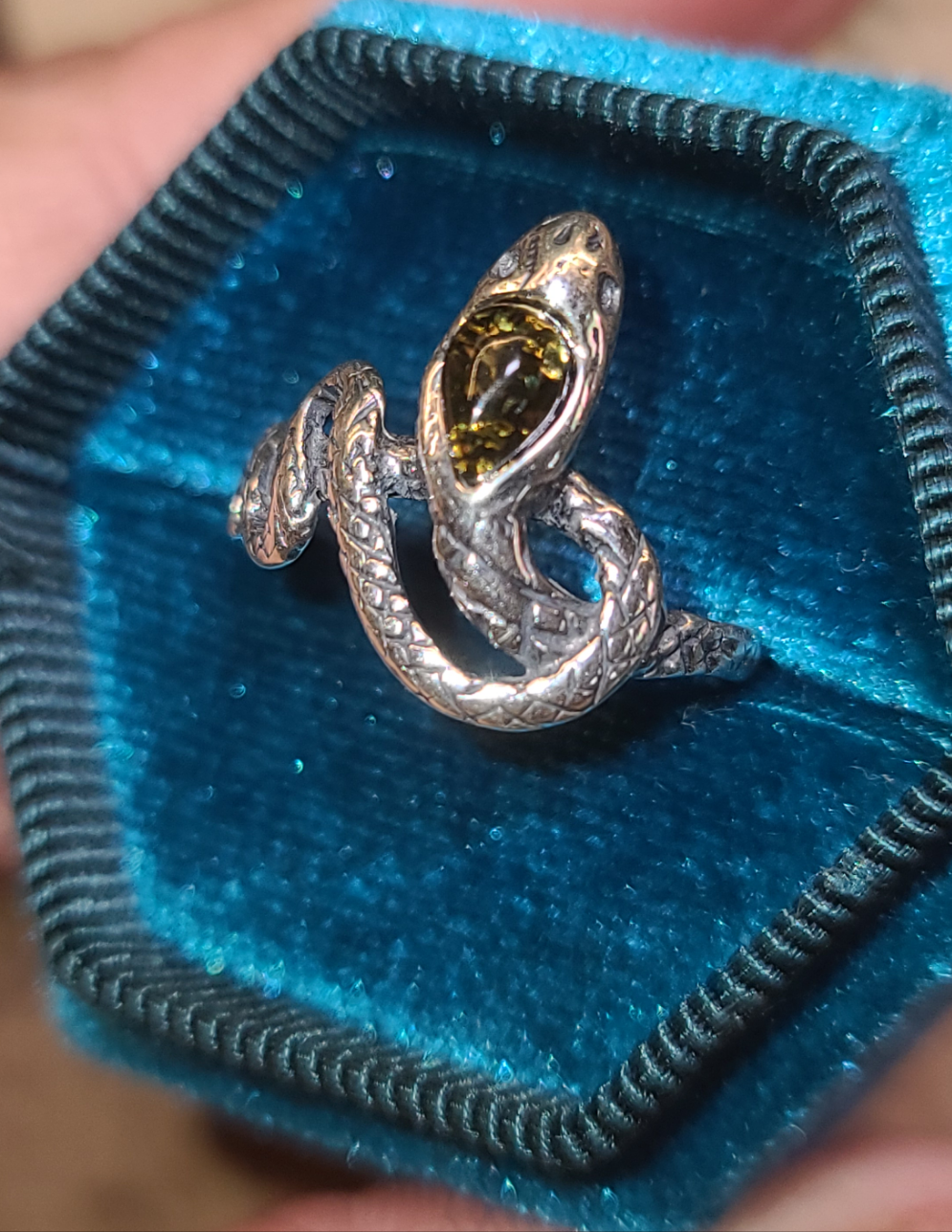 Sterling Silver and Amber Snake Ring, size 7.25