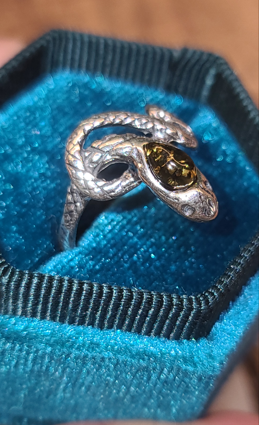 Sterling Silver and Amber Snake Ring, size 7.25