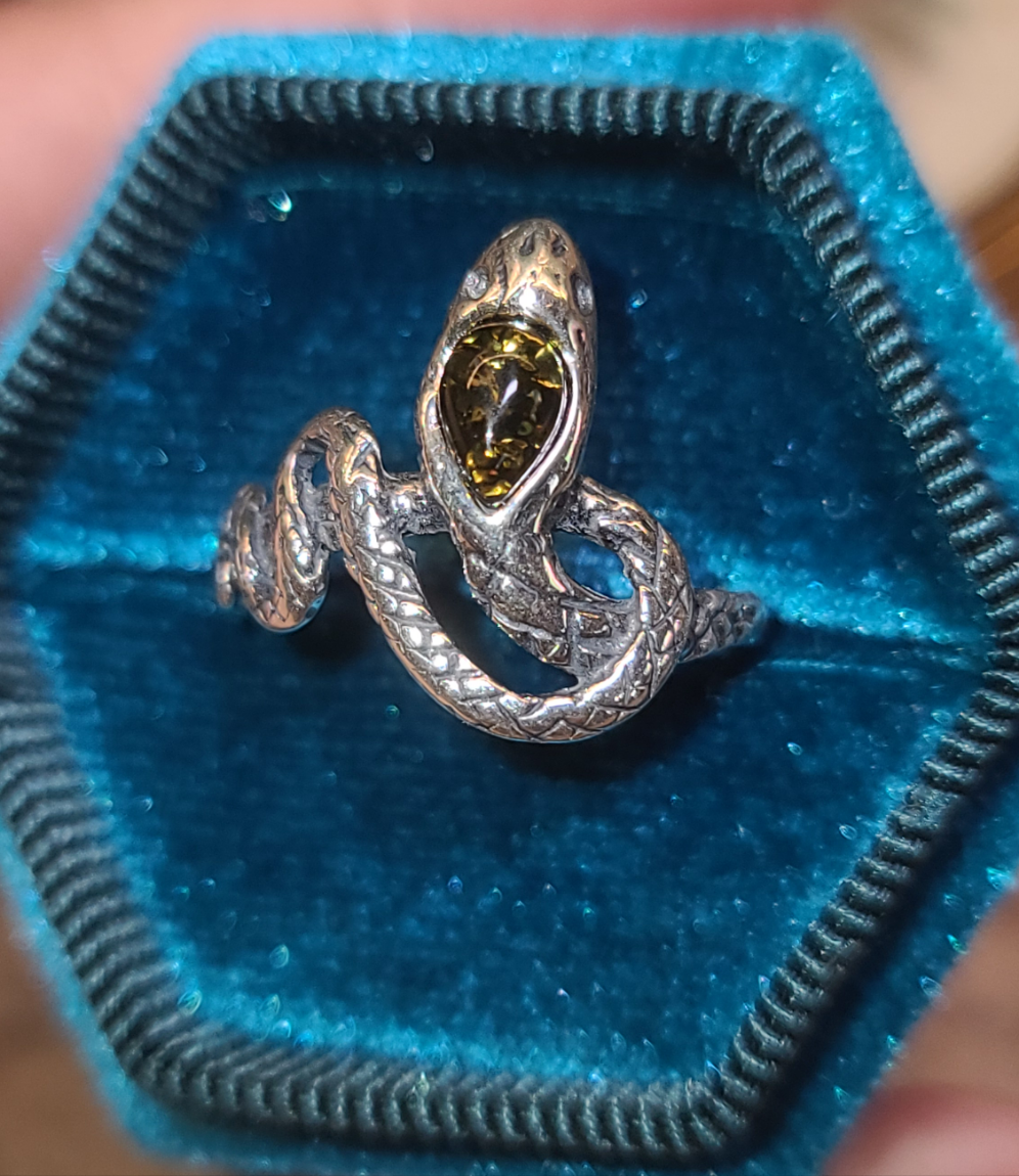 Sterling Silver and Amber Snake Ring, size 7.25