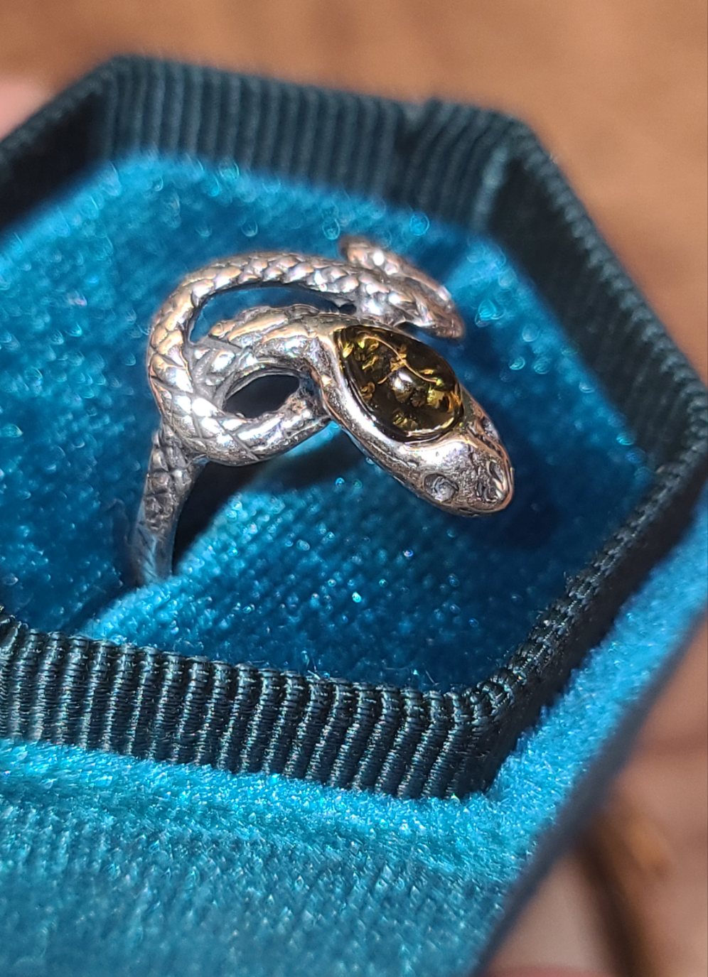 Sterling Silver and Amber Snake Ring, size 7.25