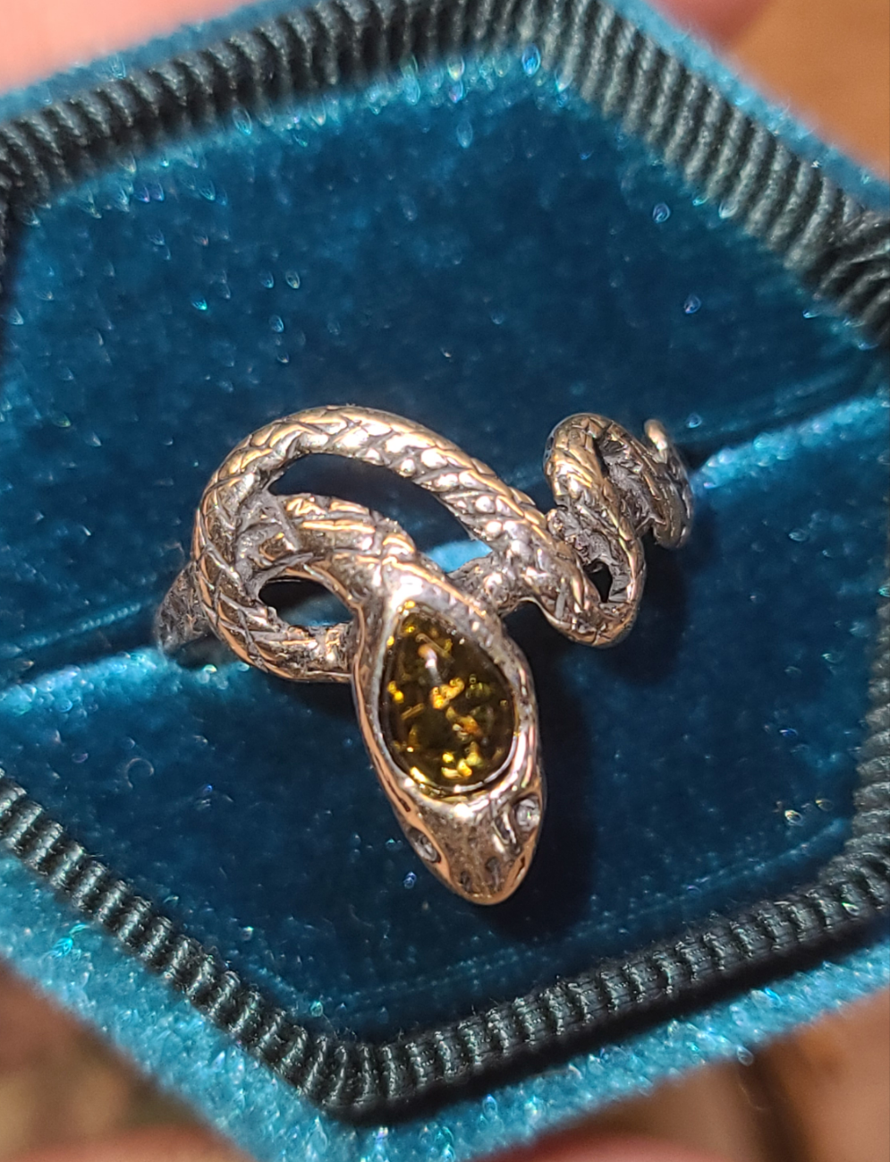 Sterling Silver and Amber Snake Ring, size 7.25