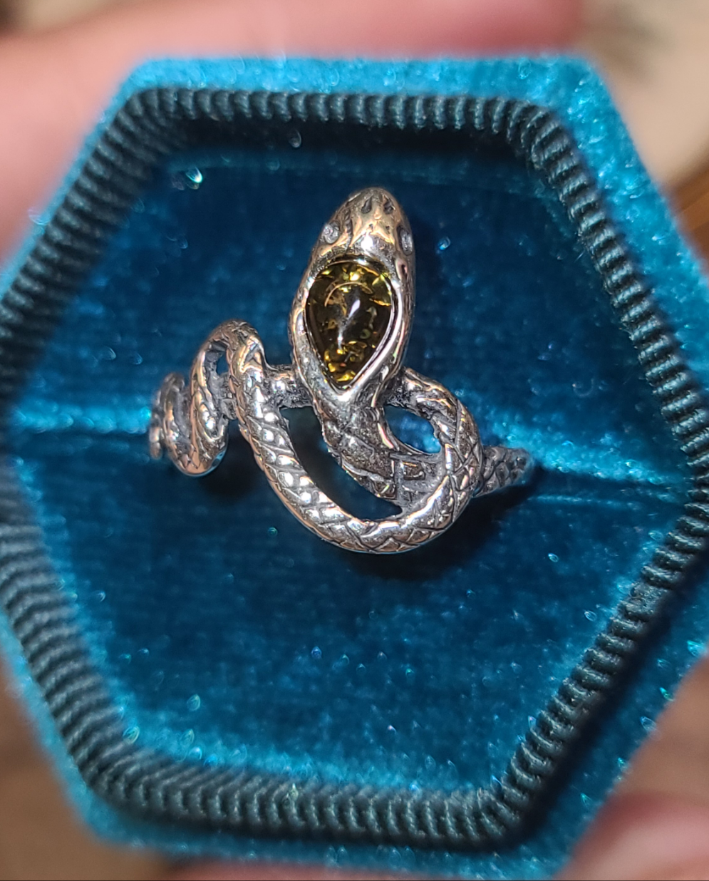 Sterling Silver and Amber Snake Ring, size 7.25