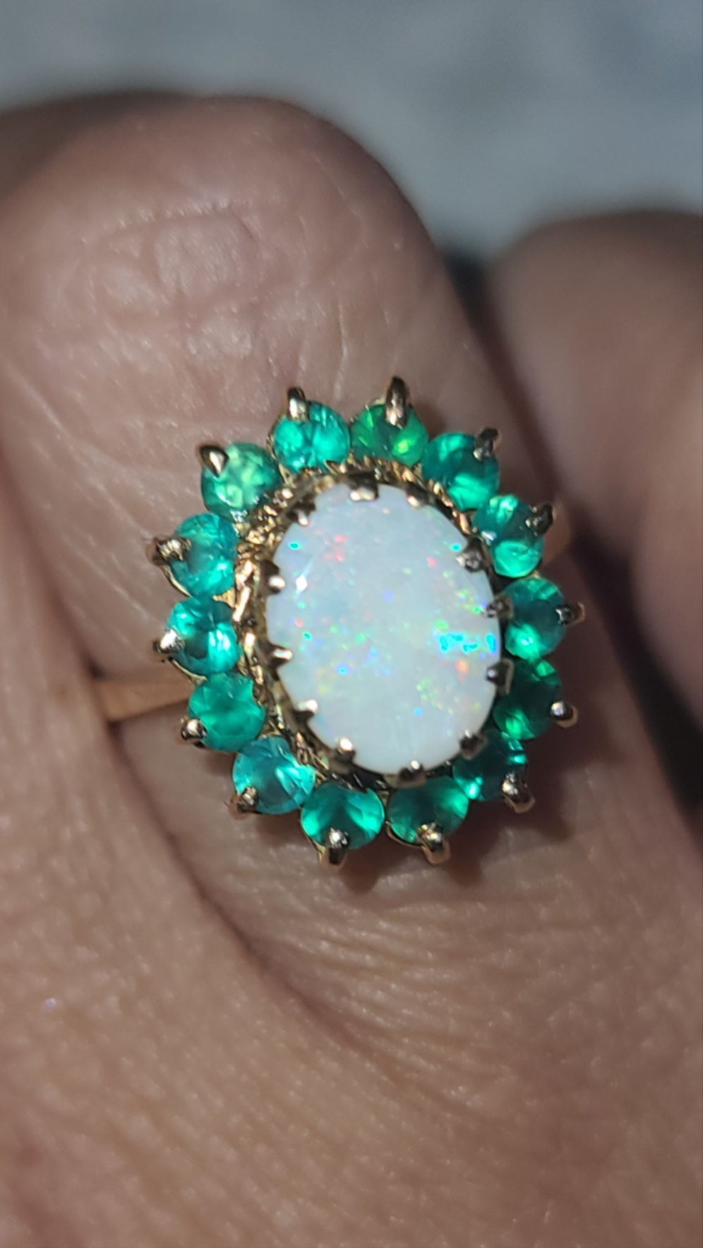 Vintage Opal and Emerald Ring, size 6.5 US