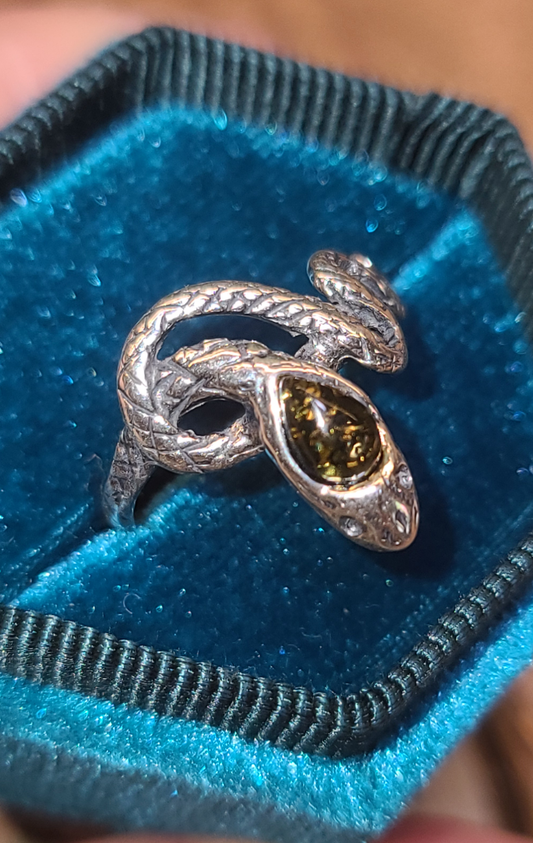 Sterling Silver and Amber Snake Ring, size 7.25