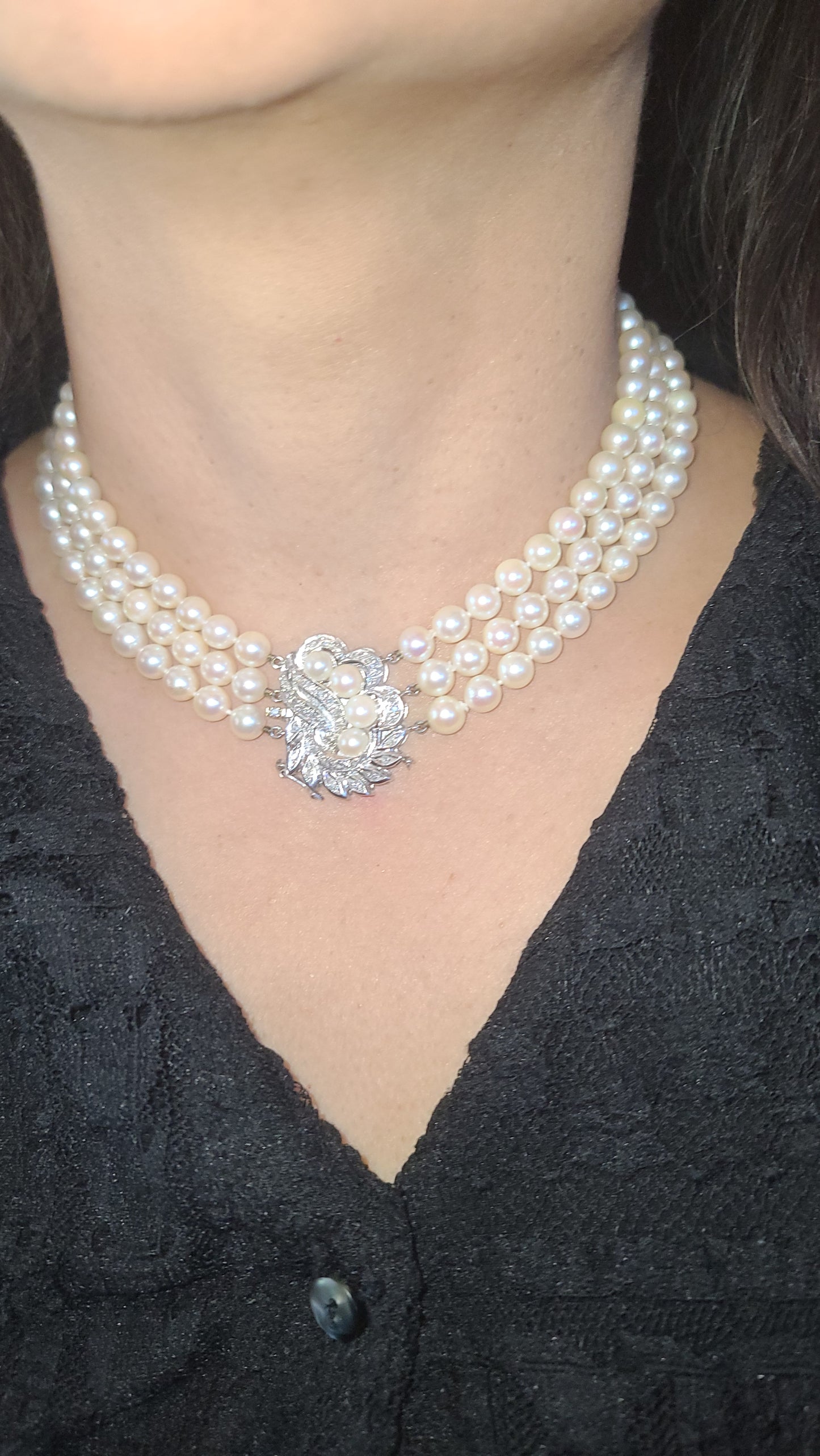 Vintage Estate 14K White Gold and Diamond Three Strand Pearl Necklace
