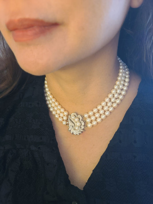 Vintage Estate 14K White Gold and Diamond Three Strand Pearl Necklace