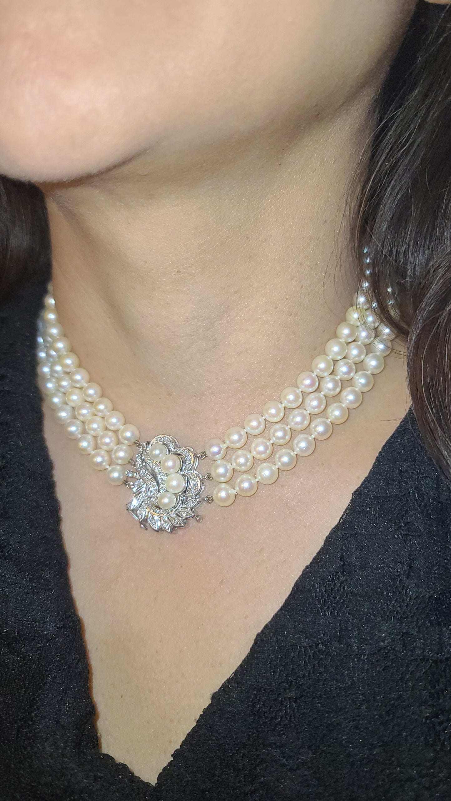 Vintage Estate 14K White Gold and Diamond Three Strand Pearl Necklace