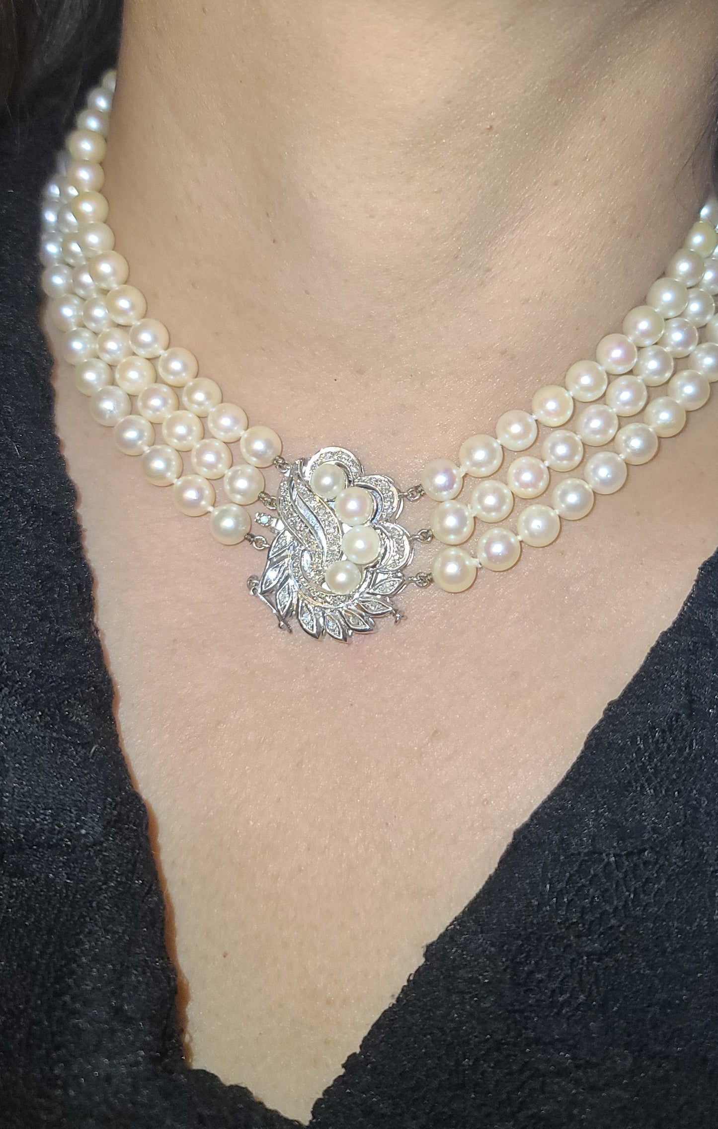 Vintage Estate 14K White Gold and Diamond Three Strand Pearl Necklace