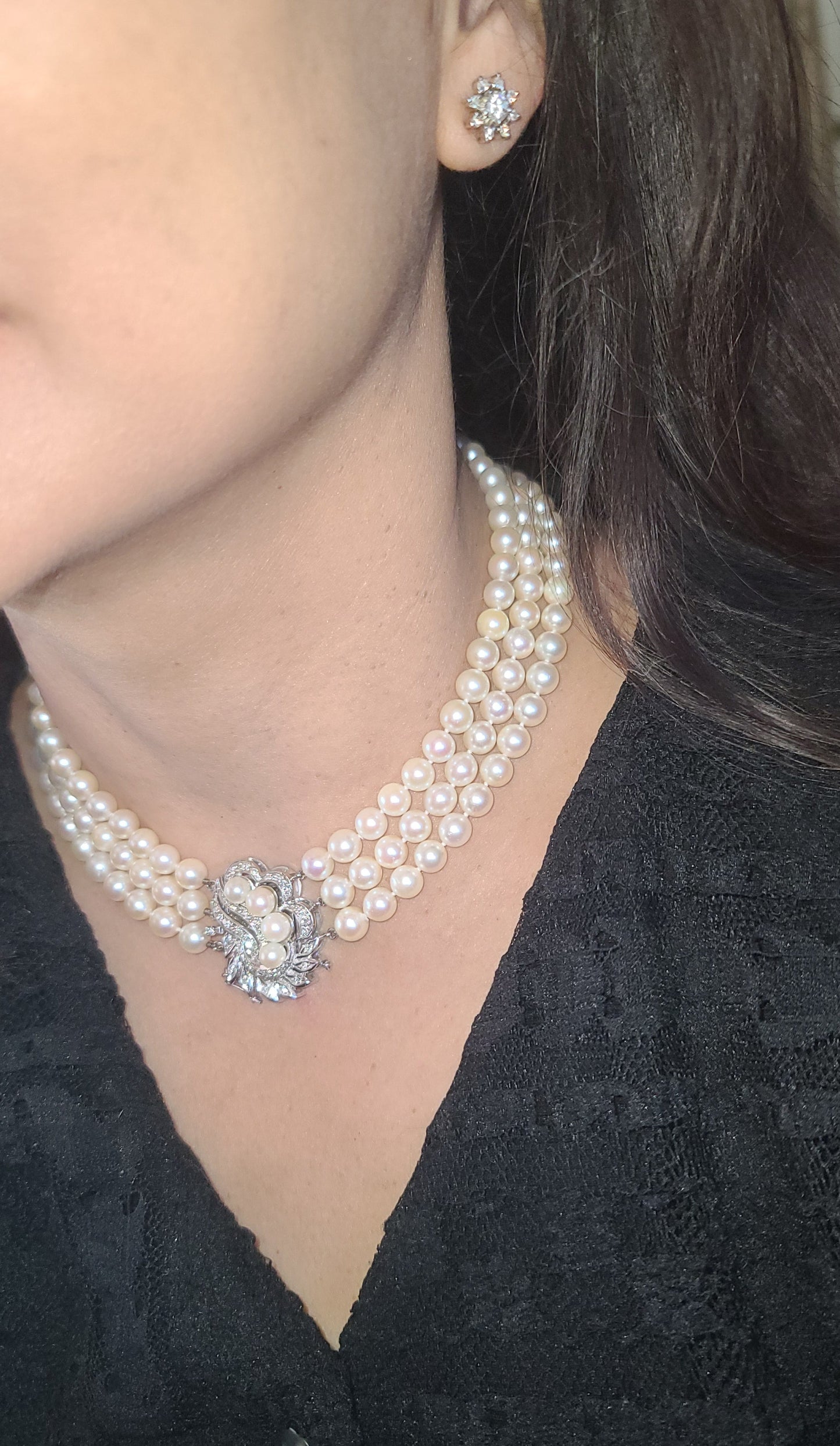 Vintage Estate 14K White Gold and Diamond Three Strand Pearl Necklace
