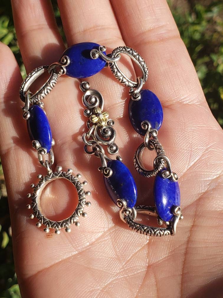 Rare Vintage Barbara Bixby Lapis Lazuli Toggle Bracelet, Sterling Silver and 18k Gold