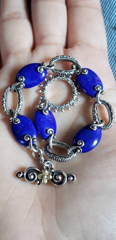 Rare Vintage Barbara Bixby Lapis Lazuli Toggle Bracelet, Sterling Silver and 18k Gold