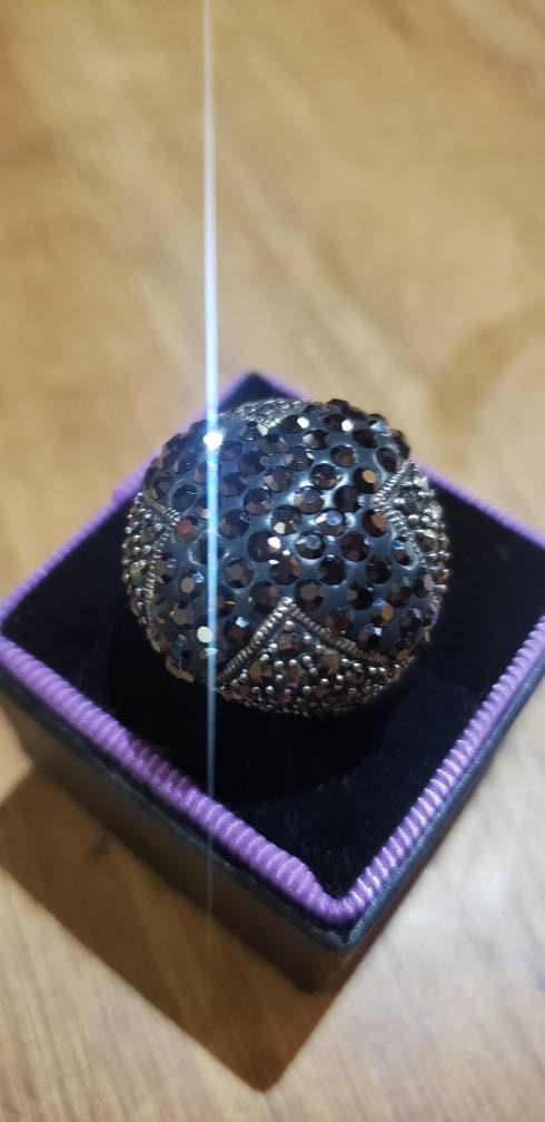 Gorgeous Sparkle Bombe Ring, Hematite, Marcasite and Sterling Silver, All Natural Stones, Size 7.5 -8