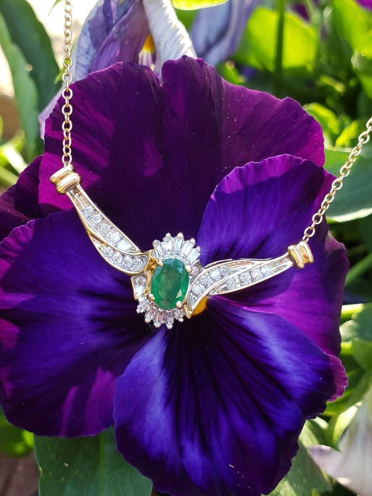 Estate Emerald and Diamond Necklace, 14K Yellow and White Gold