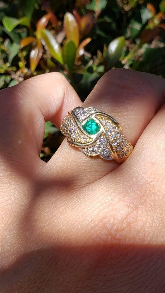 Vintage Estate Emerald and Diamond Pave Ring, 14K Yellow and White Gold, size 6.5