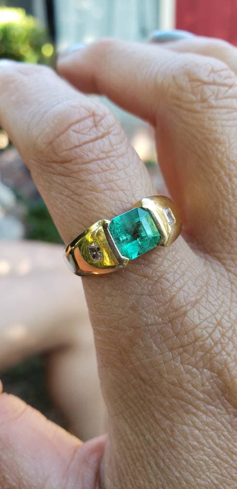 Emerald and Diamond Ring, 18K Yellow Gold, Unisex Ring, Size  9.75