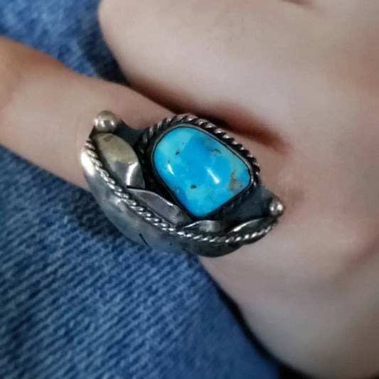 Native American Turquoise Ring with Feather Design, Sterling Silver 925, size 6 US