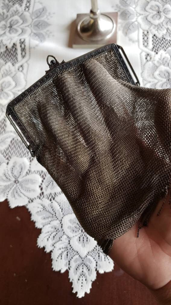 Whiting and Davis Antique Mesh Metal Purse, Art Deco Chain Mail Evening Bag, Circa. 1920s