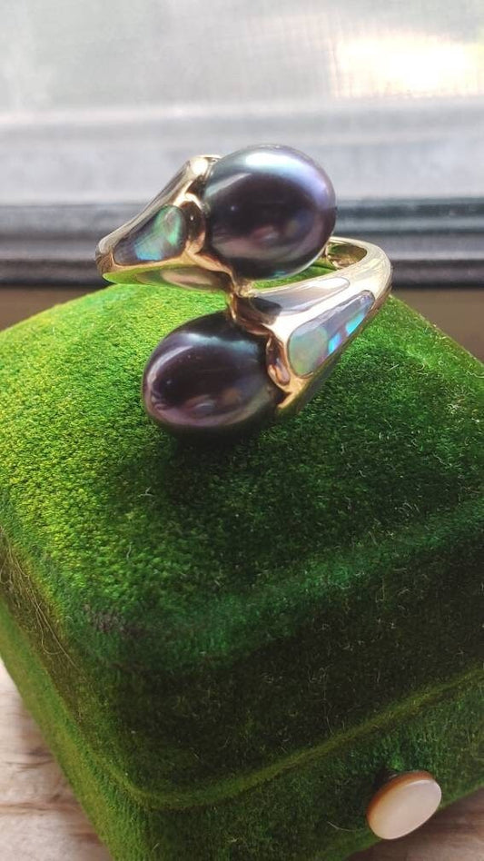 Moi Et Toi Black Chinese Pearl and Abalone Shell Ring, 14k Yellow Gold, size 6.75