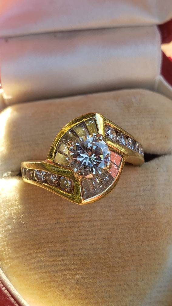 Estate Diamond Ring, 18K Yellow Gold, Round Center Diamond with Tapered Baguette Diamonds