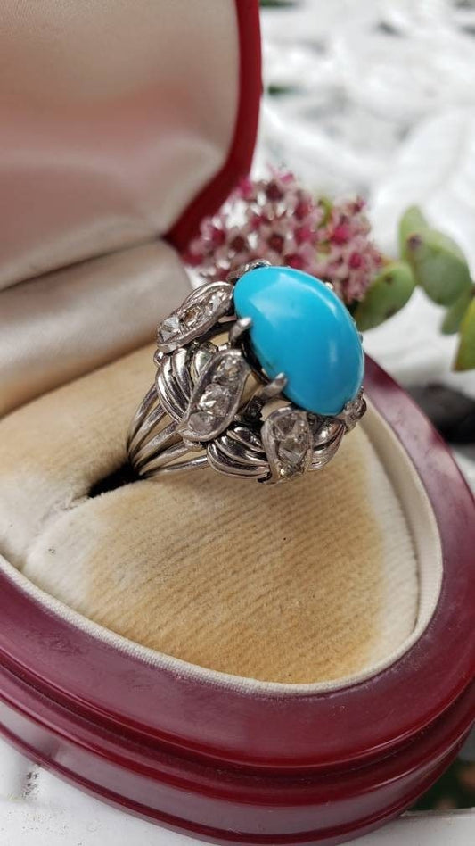 Estate Vintage Persian Turquoise and Old Cut Diamond Cocktail Ring, 18K White Gold, size 6.5-6.75 US